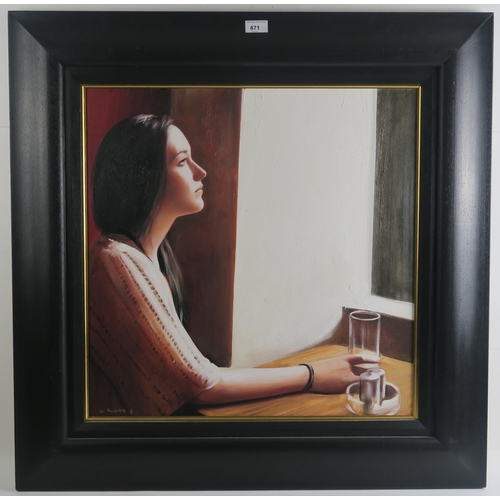 871 - GERARD M BURNS (SCOTTISH b.1961)GIRL GAZING Oil on canvas, signed lower left, 57 x 57cm (22.5 x 22.5... 