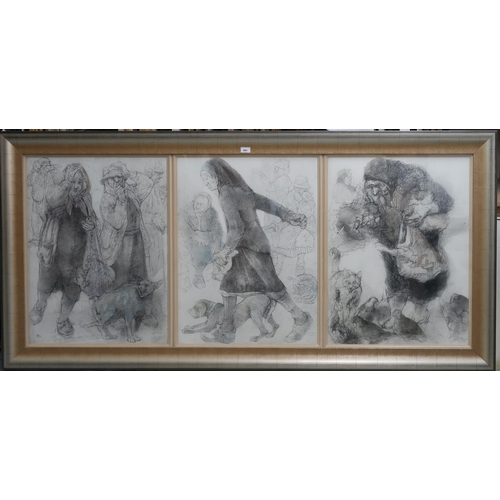 885 - ANDA PATERSON RSW (SCOTTISH CONTEMPORARY b.1935)CARNIVAL OF WOMEN TRIPTYCHGraphite drawing, signed, ... 