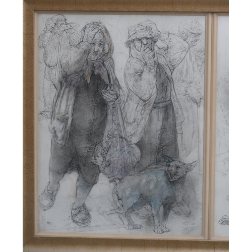 885 - ANDA PATERSON RSW (SCOTTISH CONTEMPORARY b.1935)CARNIVAL OF WOMEN TRIPTYCHGraphite drawing, signed, ... 