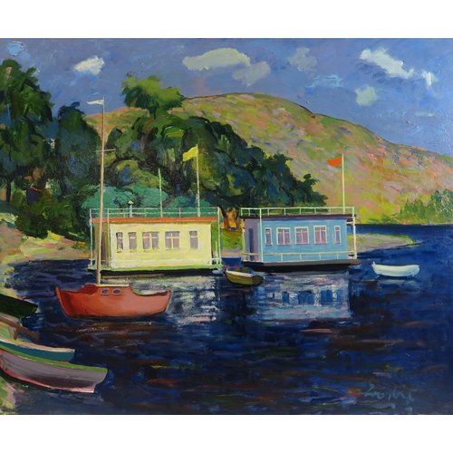 891 - WILLIAM CROSBIE RSA RGI (1915-1999)HOUSEBOATS Oil on board, signed lower right, 62 x 75cm (24.5 x 29... 