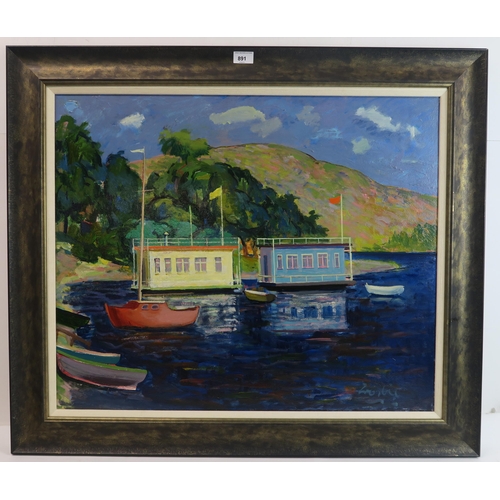 891 - WILLIAM CROSBIE RSA RGI (1915-1999)HOUSEBOATS Oil on board, signed lower right, 62 x 75cm (24.5 x 29... 