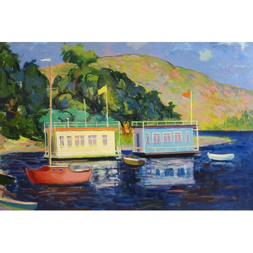 891 - WILLIAM CROSBIE RSA RGI (1915-1999)HOUSEBOATS Oil on board, signed lower right, 62 x 75cm (24.5 x 29... 