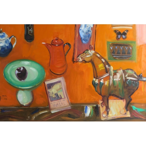 897 - JOE HARGAN DD PPAI PAI (SCOTTISH b.1952)RED TANG Oil on canvas, signed lower left, dated, 84 x 84cm ... 