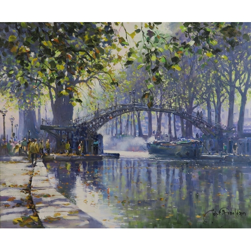 917 - JOHN DONALDSON (BRITISH CONTEMPORARY b.1945) CANAL ST. MARTIN PARIS; PARISIAN CITY SCENEOil on canva... 