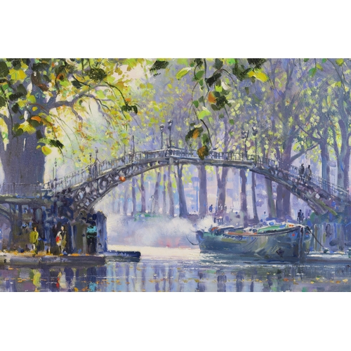 917 - JOHN DONALDSON (BRITISH CONTEMPORARY b.1945) CANAL ST. MARTIN PARIS; PARISIAN CITY SCENEOil on canva... 