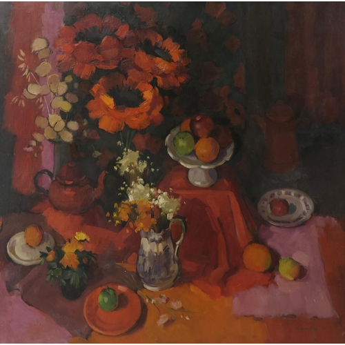 924 - ANNE DONALD (SCOTTISH b.1941)STILL LIFE IN RED WITH POPPIES Oil on canvas, signed lower right, dated... 