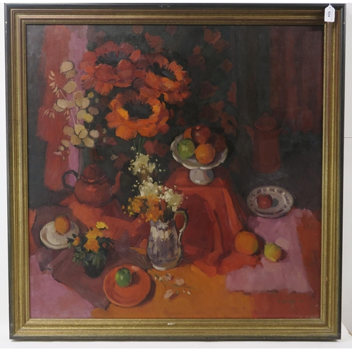 924 - ANNE DONALD (SCOTTISH b.1941)STILL LIFE IN RED WITH POPPIES Oil on canvas, signed lower right, dated... 