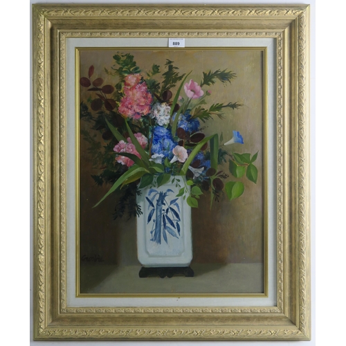 934 - WILLIAM CROSBIE RSA RGI (1915-1999)FLOWERS IN A CHINESE VASE Oil on panel, signed lower left, 58 x 4... 