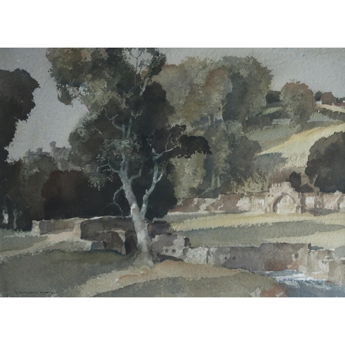 938 - WILLIAM RUSSELL FLINT RA ROI (SCOTTISH 1880-1969)SUNLIT VILLAGE LANDSCAPE BY A RIVERWatercolour on p... 