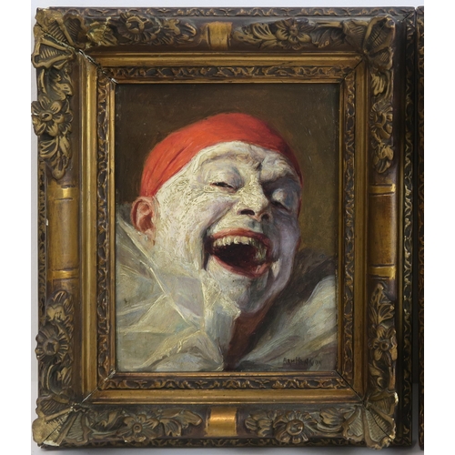 946 - ARMAND HENRION (BELGIAN 1875-1958)PIERROT LAUGHINGOil on panel, signed, 17 x 13cm (6.5 x 5