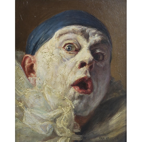 947 - ARMAND HENRION (BELGIAN 1875-1958)PIERROT SURPRISEDOil on panel, signed, 17 x 13cm (6.5 x 5