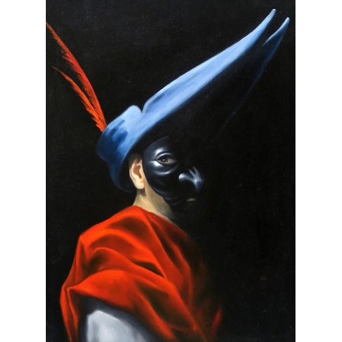 950 - IAN R THOMSON (SCOTTISH CONTEMPORARY) MASKED FIGUREOil on canvas, signed lower right, 39 x 29cm (15.... 