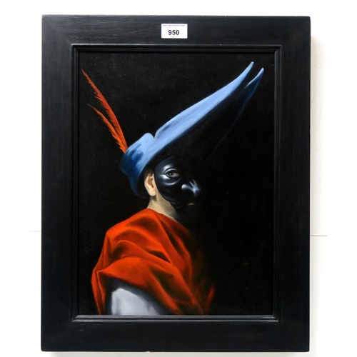 950 - IAN R THOMSON (SCOTTISH CONTEMPORARY) MASKED FIGUREOil on canvas, signed lower right, 39 x 29cm (15.... 