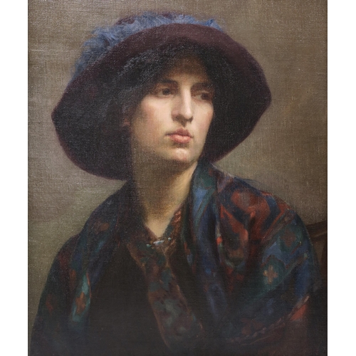 962 - BRITISH SCHOOL (20TH CENTURY)PORTRAIT OF A WOMAN WEARING A HAT AND DECORATIVE SHAWLOil on canvas lai... 