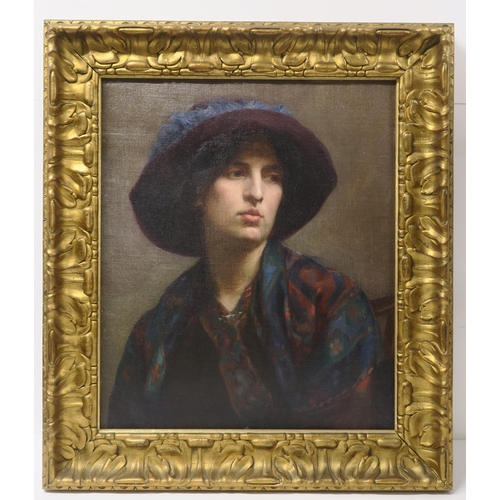 962 - BRITISH SCHOOL (20TH CENTURY)PORTRAIT OF A WOMAN WEARING A HAT AND DECORATIVE SHAWLOil on canvas lai... 