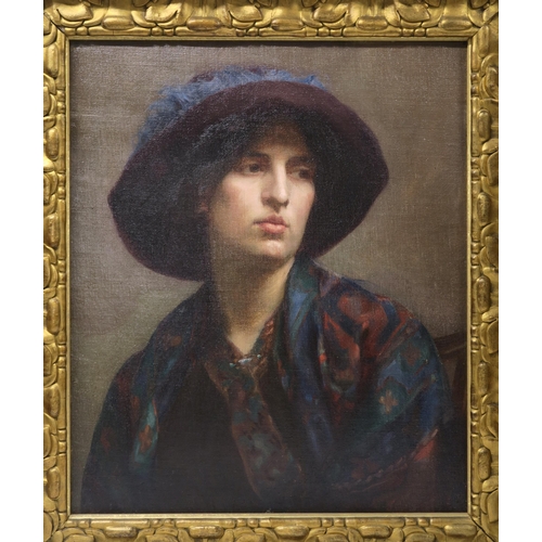 962 - BRITISH SCHOOL (20TH CENTURY)PORTRAIT OF A WOMAN WEARING A HAT AND DECORATIVE SHAWLOil on canvas lai... 