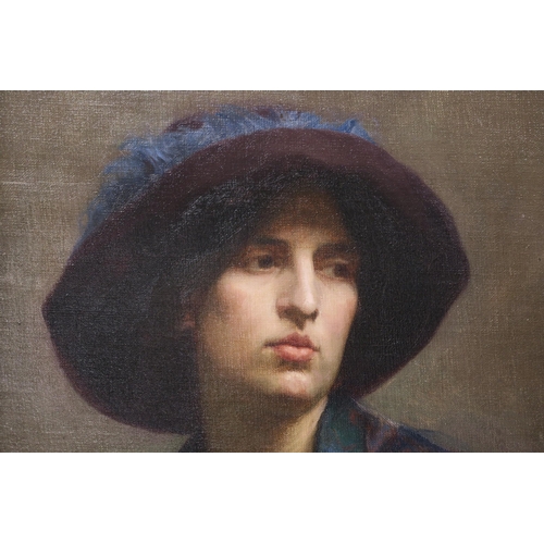 962 - BRITISH SCHOOL (20TH CENTURY)PORTRAIT OF A WOMAN WEARING A HAT AND DECORATIVE SHAWLOil on canvas lai... 