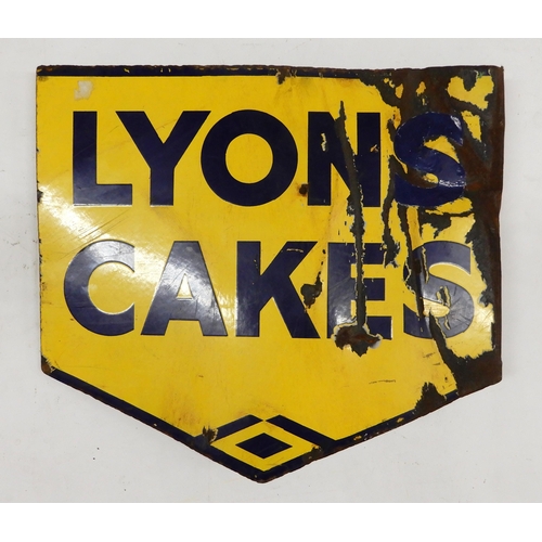 549 - LYONS CAKESDouble-sided enamel advertising sign, 44cm x 40cm