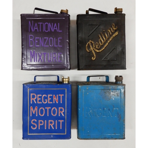 555 - AUTOMOBILIAA REGENT MOTOR SPIRIT blue fuel can, another REGENT blue fuel can, a Redline black and go... 