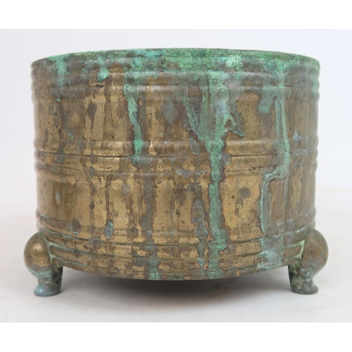 313A - A CHINESE ARCHAIC STYLE BRASS CENSER cast with horizontal bands, seal mark and on three feet, w... 