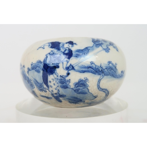 315A - A CHINESE BLUE AND WHITE CRACKLEWARE BOWLpainted with a figure confronting a snake, six character ma... 