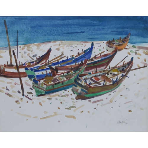 1017 - GEORGE DEVLIN (SCOTTISH 1937-2014) BOATS AT LAGOS, ANDALUCIAWatercolour on paper, signed lower ... 