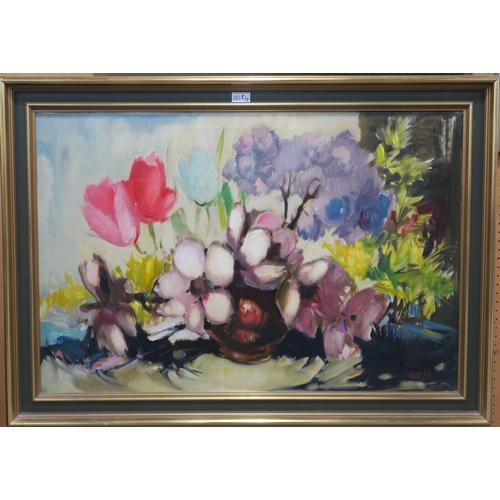 1018 - SCOTTISH SCHOOLSTILL LIFES Oil on canvas, one indistinctly signed lower right, 60 x 90cm (2)... 