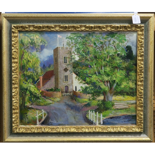 1033 - WILLIAM CROSBIE RSA RGI (1915-1999)VILLAGE CHURCH, PETERSFIELD BURRITON, HAUTS Oil on board, si... 