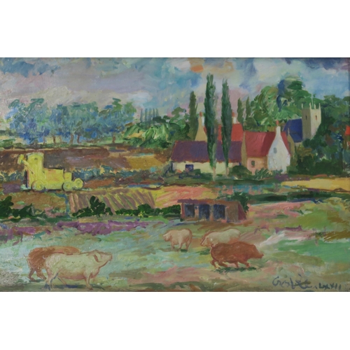 1036 - WILLIAM CROSBIE RSA RGI (1915-1999)ROAD TO SAWSTON (PIGS)Oil on board, signed lower right, 18 x 28cm... 