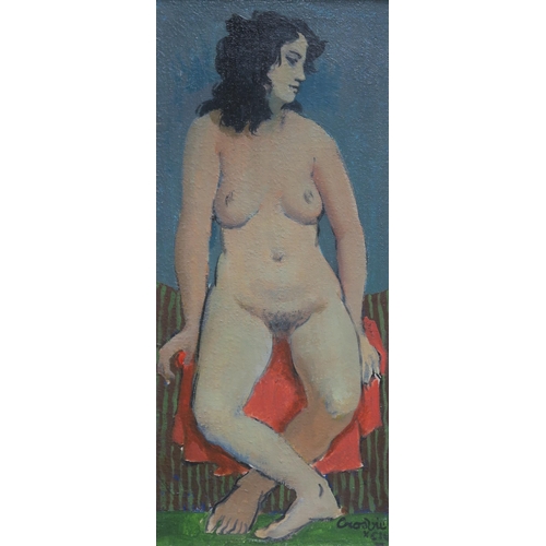 1039 - WILLIAM CROSBIE RSA RGI (1915-1999)SEATED NUDE ON RED DRAPE AND GREEN STRIPED CLOTH Oil on boar... 