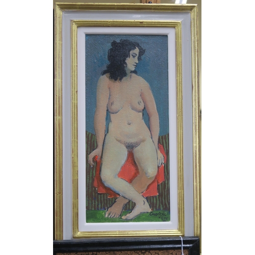 1039 - WILLIAM CROSBIE RSA RGI (1915-1999)SEATED NUDE ON RED DRAPE AND GREEN STRIPED CLOTH Oil on boar... 