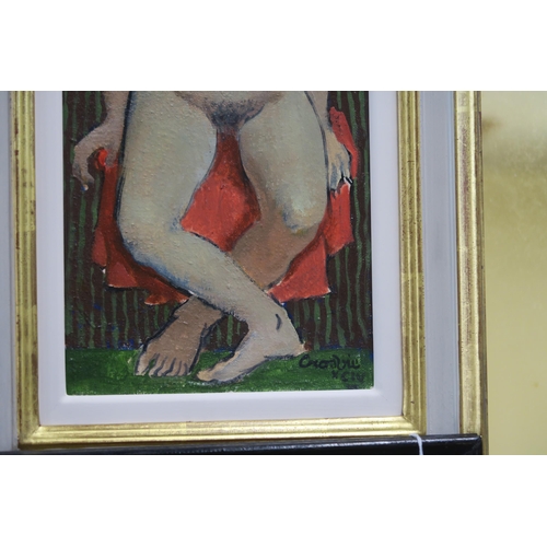 1039 - WILLIAM CROSBIE RSA RGI (1915-1999)SEATED NUDE ON RED DRAPE AND GREEN STRIPED CLOTH Oil on boar... 