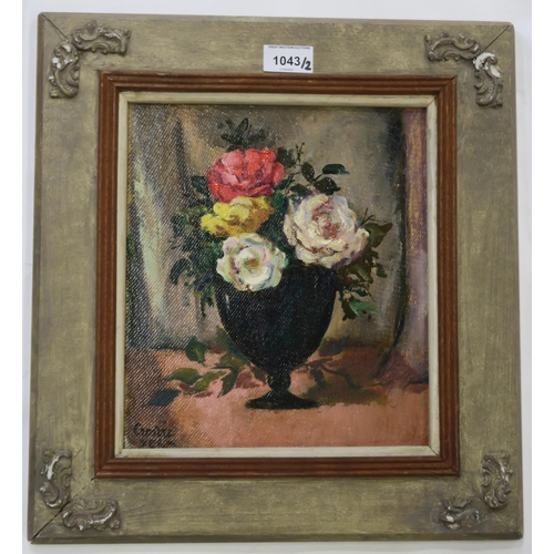 1043 - WILLIAM CROSBIE RSA RGI (1915-1999)GLASS WITH FLOWERS Oil on board, signed lower left, 26 x 23c... 