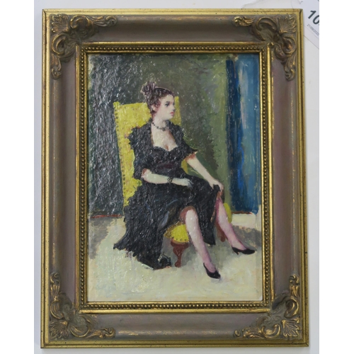 1045 - WILLIAM CROSBIE RSA RGI (1915-1999)WOMAN IN A YELLOW CHAIR Oil on board, 16 x 11cm Title i... 