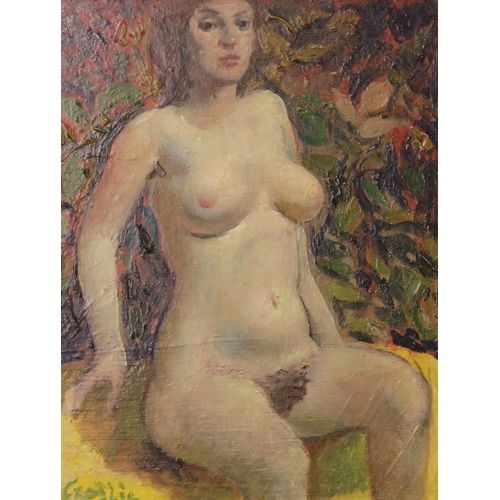 1046 - WILLIAM CROSBIE RSA RGI (1915-1999)NUDE FIGURE ON YELLOW DRAPE WITH LEAFY BACKGROUND Oil on boa... 