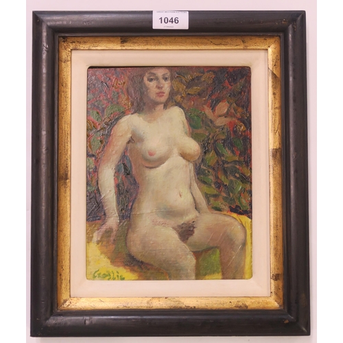 1046 - WILLIAM CROSBIE RSA RGI (1915-1999)NUDE FIGURE ON YELLOW DRAPE WITH LEAFY BACKGROUND Oil on boa... 