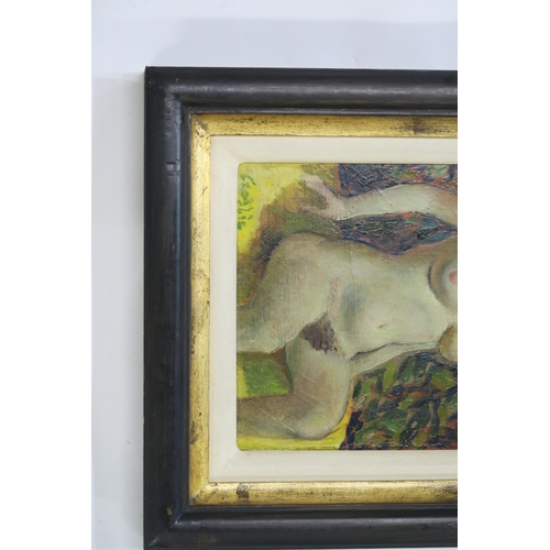 1046 - WILLIAM CROSBIE RSA RGI (1915-1999)NUDE FIGURE ON YELLOW DRAPE WITH LEAFY BACKGROUND Oil on boa... 