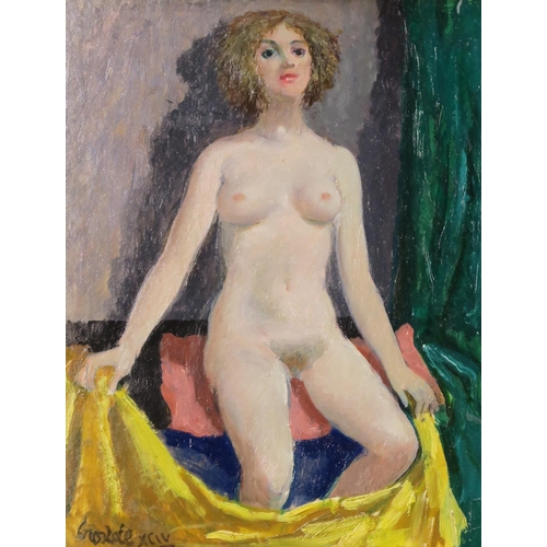 1047 - WILLIAM CROSBIE RSA RGI (1915-1999)WOMAN SEATED ON PINK PILLOW Oil on board, signed lower left,... 