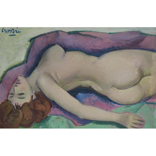 1051 - WILLIAM CROSBIE RSA RGI (1915-1999)NUDE FIGURE LYING ON A PURPLE DRAPE Oil on board, signed low... 