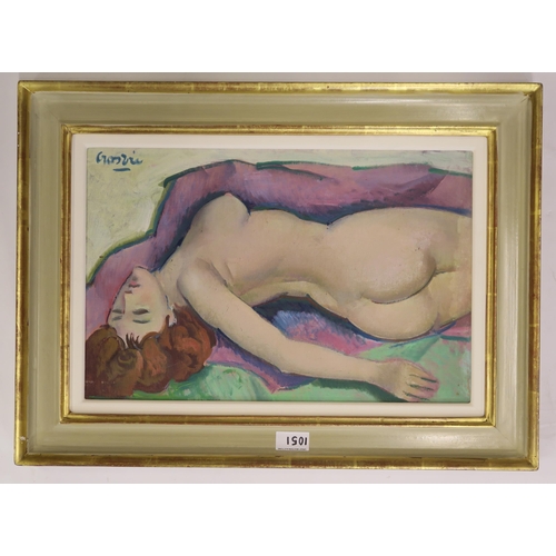 1051 - WILLIAM CROSBIE RSA RGI (1915-1999)NUDE FIGURE LYING ON A PURPLE DRAPE Oil on board, signed low... 