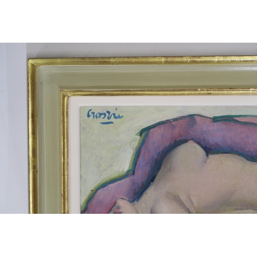 1051 - WILLIAM CROSBIE RSA RGI (1915-1999)NUDE FIGURE LYING ON A PURPLE DRAPE Oil on board, signed low... 