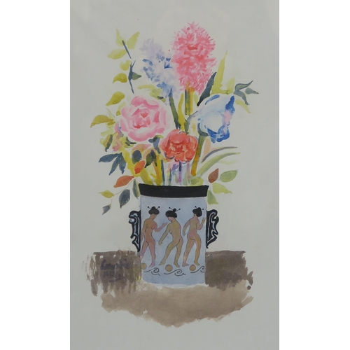 1053 - WILLIAM CROSBIE RSA RGI (1915-1999)FLOWERS IN A VASE AND CHINESE FIGURESWatercolour, signed lower le... 