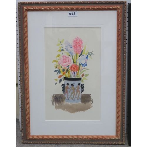 1053 - WILLIAM CROSBIE RSA RGI (1915-1999)FLOWERS IN A VASE AND CHINESE FIGURESWatercolour, signed lower le... 