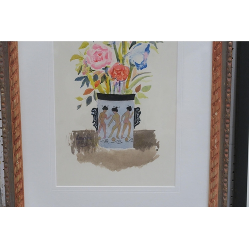 1053 - WILLIAM CROSBIE RSA RGI (1915-1999)FLOWERS IN A VASE AND CHINESE FIGURESWatercolour, signed lower le... 