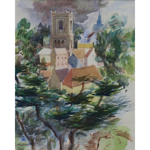 1056 - WILLIAM CROSBIE RSA RGI (1915-1999)CATHEDRAL CLOSE, 1986 Watercolour, signed and inscribed lowe... 