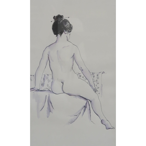 1059 - WILLIAM CROSBIE RSA RGI (1915-1999)SEATED NUDE WITH JAPANESE PIN Ink and wash, signed lower rig... 