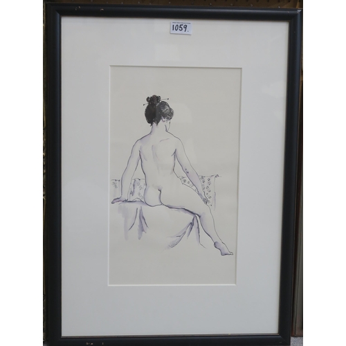 1059 - WILLIAM CROSBIE RSA RGI (1915-1999)SEATED NUDE WITH JAPANESE PIN Ink and wash, signed lower rig... 