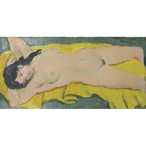 1060 - WILLIAM CROSBIE RSA RGI (1915-1999)NUDE ON YELLOW CLOTH Oil on board, signed upper left, 25 x 5... 