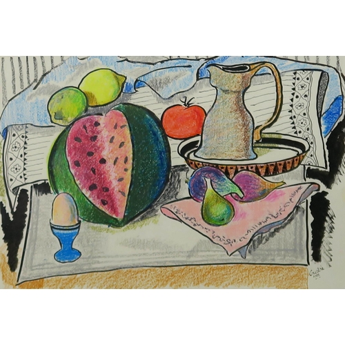 1061 - WILLIAM CROSBIE RSA RGI (1915-1999)WATERMELON AND FIGS Ink/pastel, signed lower right, 28 x 40c... 