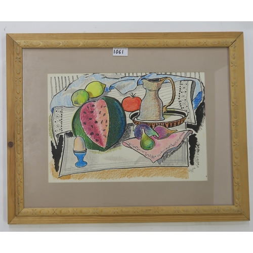 1061 - WILLIAM CROSBIE RSA RGI (1915-1999)WATERMELON AND FIGS Ink/pastel, signed lower right, 28 x 40c... 